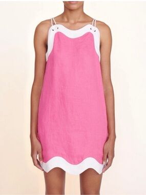 STAUD Pink and White Spaghetti Strap Scalloped Dress